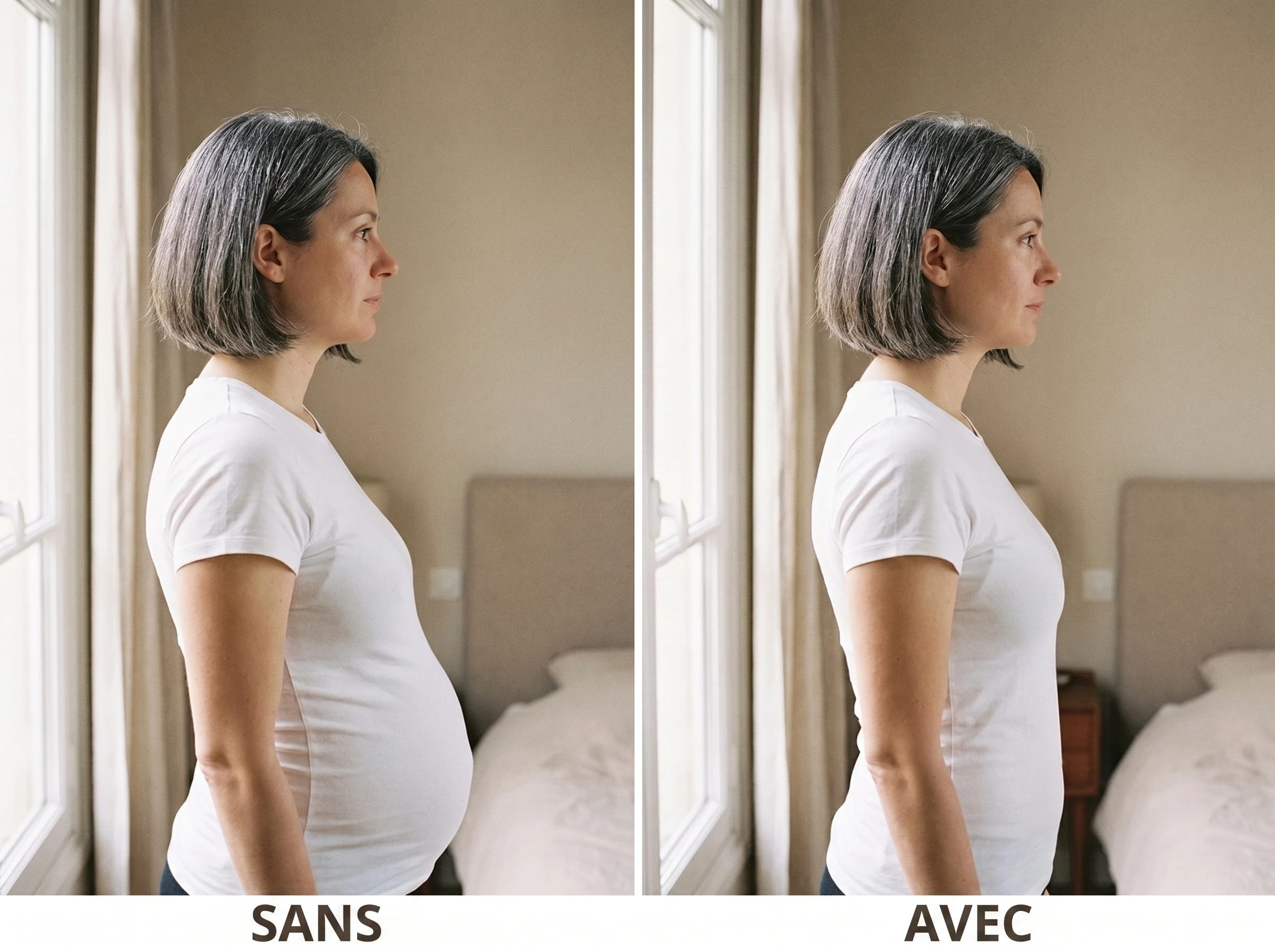 Comparatif sans et avec la culotte gainante, même femme de profil