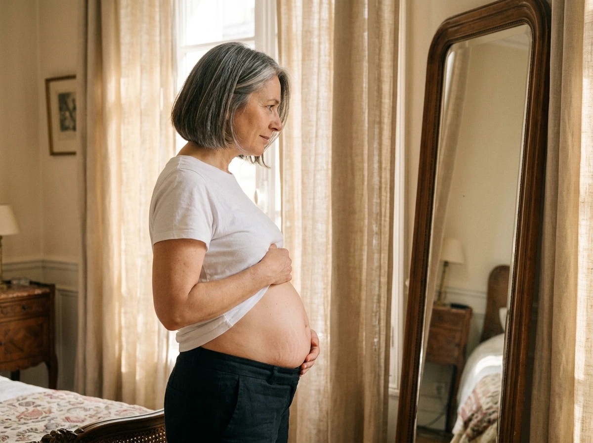Femme de profil devant un miroir, t-shirt relevé sur le ventre