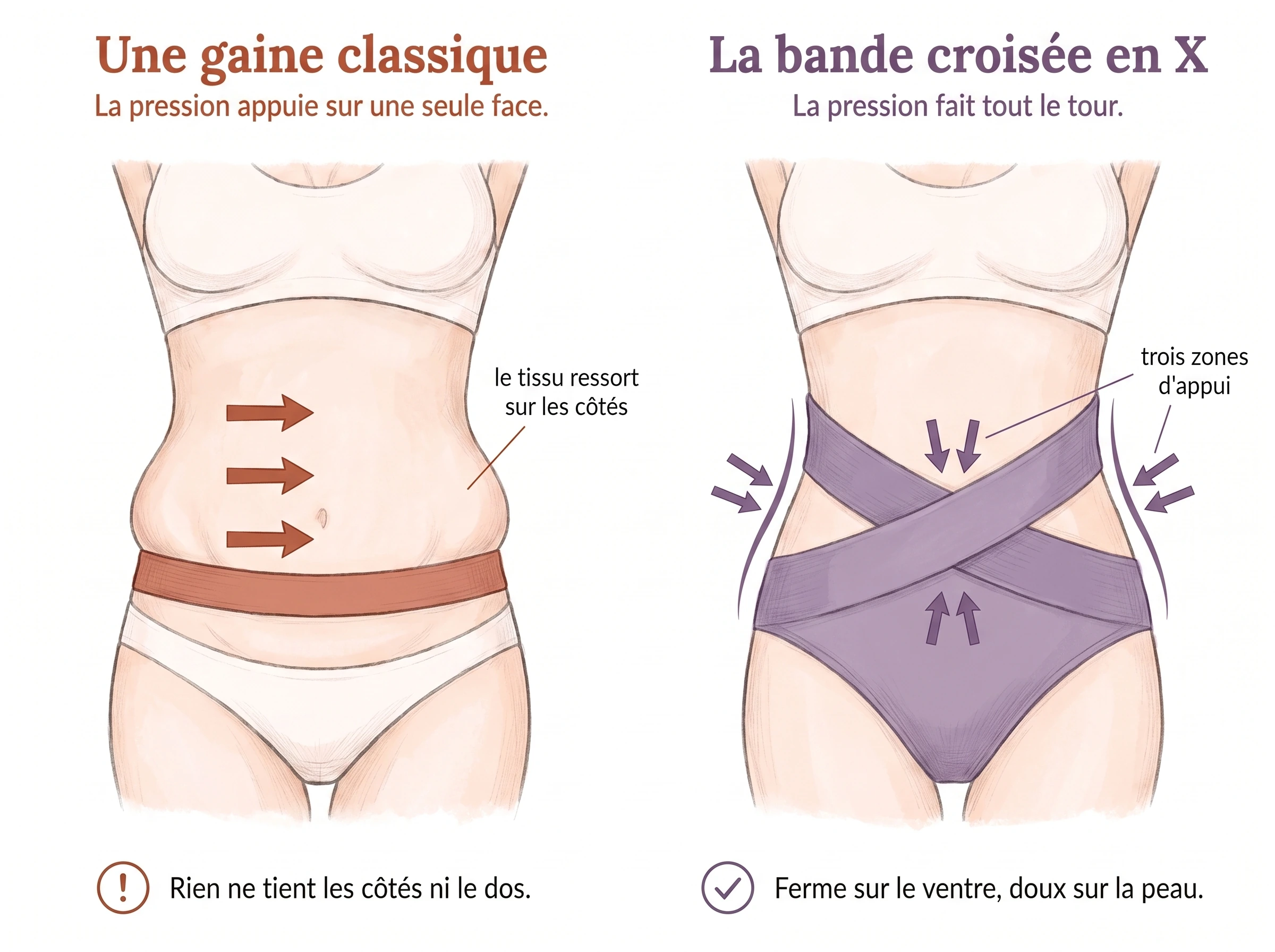 Deux schémas côte à côte : à gauche une gaine classique qui n'appuie que sur le devant du ventre et fait ressortir le tissu sur les côtés, à droite la bande croisée en X dont la pression fait tout le tour.