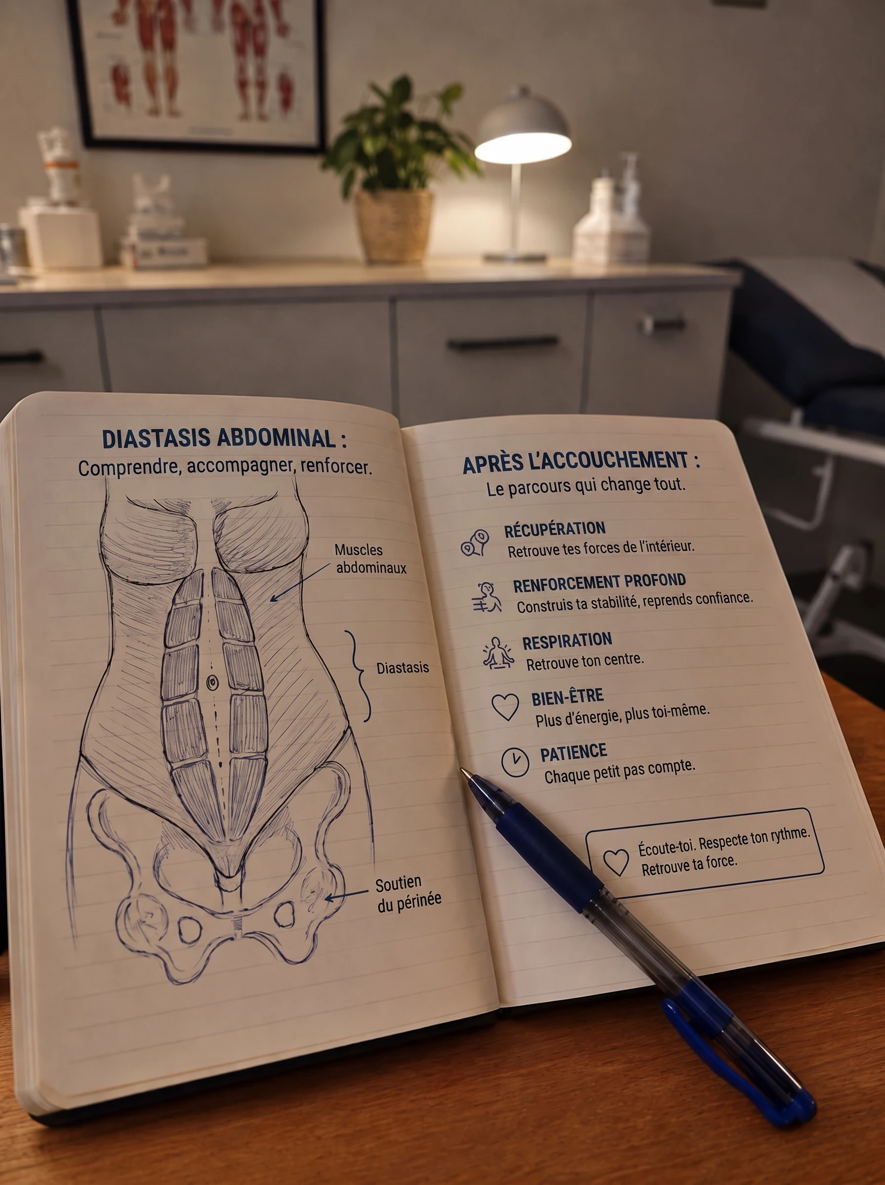 Carnet ouvert sur un bureau de cabinet, schéma du diastasis dessiné à la main